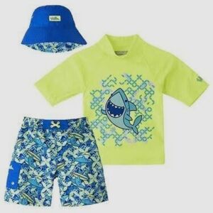 Kids Shark Print Rashguard Set - Neon Green and Blue